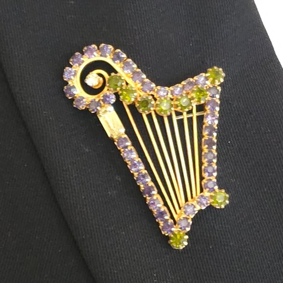 Vintage Hobé Signed Rhinestone Harp Brooch Pin - Picture 1 of 8